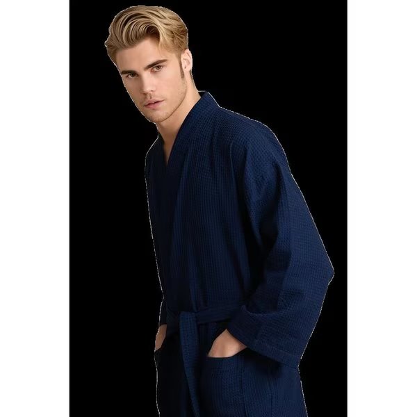 Unisex Men's Waffle Weave Stone Navy Bathrobe One Size, Towelsoft, Mfr#: RM-MEN-WFL-NVY-OS